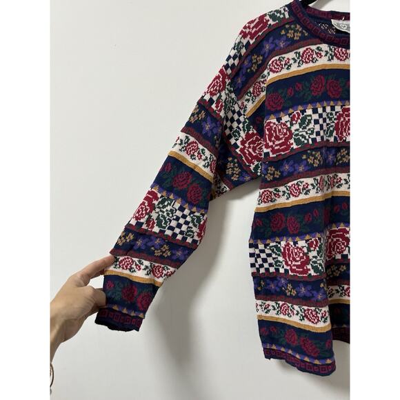 80's Vintage 3D Knit Floral Rose Sweater Size Large Cotton Grandma Cottage - Picture 2 of 9